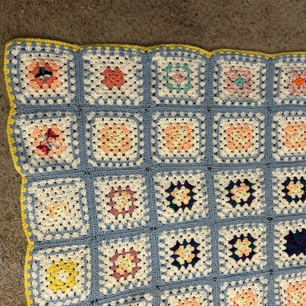 Vintage Crochet Afghan Granny Square Pastel Handmade Baby Blanket 65”x39”